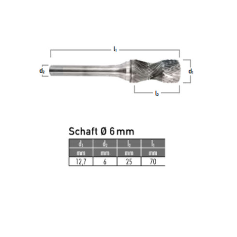 Solid Carbide Bur, Radius End Cylinder, Ø 12.7 x 25mm, Z3